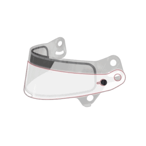Clear racing helmet visor for Grand Prix racewear, designed for motorcycle safety and performance.