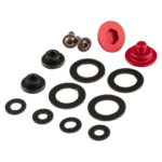 Set of racing car suspension parts including rubber washers, metal balls, and red plastic components for Grand Prix racewear.