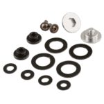 Set of black rubber washers, metal nuts, and a white plastic component for Grand Prix racewear maintenance and assembly.