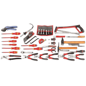 Set of Facom maintenance tools including screwdrivers, wrenches, pliers, and a tool roll for professional repairs.