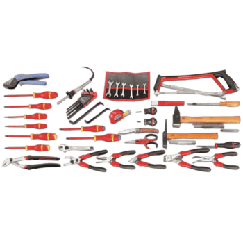 Set of Facom maintenance tools including screwdrivers, wrenches, pliers, and a tool roll for professional repairs.