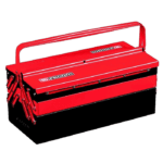 Red Facom toolbox with multiple drawers and a handle, used for storing tools and equipment in racing environments.