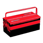 Red PEACOM toolbox with multiple compartments and a handle, ideal for racewear tools and accessories.
