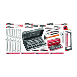 Complete set of industrial maintenance tools including screwdrivers, wrenches, sockets, and measuring tools in a black case and red toolbox.