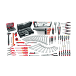 Complete set of industrial maintenance tools including wrenches, screwdrivers, pliers, and sockets in a black background.