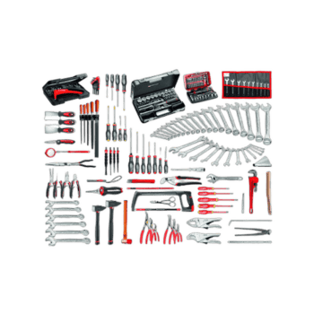 Comprehensive set of industrial maintenance tools including screwdrivers, wrenches, pliers, and a tool chest for professional repairs.
