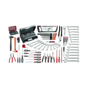 Complete set of Facom industrial maintenance tools including wrenches, screwdrivers, pliers, and a roller chest for professional repairs.