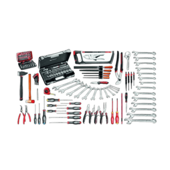 Complete set of Facom industrial maintenance tools including wrenches, screwdrivers, pliers, and a roller chest for professional repairs.