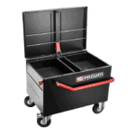 Black Grand Prix Racewear toolbox with red handle and wheels, designed for motorsport equipment storage.