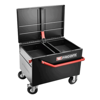 Black Grand Prix Racewear toolbox with red handle and wheels, designed for motorsport equipment storage.