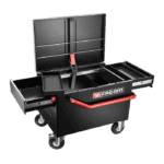 Facom tool chest with multiple drawers and a large open top, designed for professional automotive and racewear tools.