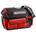 Facom racing tool bag in black and red with multiple compartments and sturdy handles, ideal for motorsport professionals.