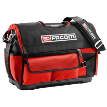 Facom racing tool bag in black and red with multiple compartments and sturdy handles, ideal for motorsport professionals.