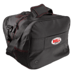 Black Bell helmet racing bag with red accents, designed for motorsport enthusiasts, featuring multiple compartments and durable material for secure gear storage.