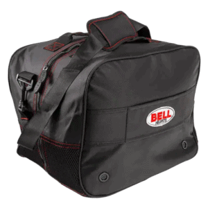 Black Bell helmet racing bag with red accents, designed for motorsport enthusiasts, featuring multiple compartments and durable material for secure gear storage.