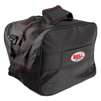 Black Bell helmet racing bag with red accents, designed for motorsport enthusiasts, featuring multiple compartments and durable material for secure gear storage.
