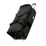 Black Grand Prix Racewear wheeled travel bag with multiple compartments and padded straps for motorsport enthusiasts.