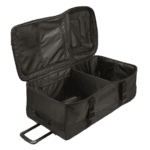 Black racing gear bag with compartments, ideal for Grand Prix racewear storage and transport.