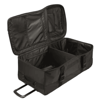 Black racing gear bag with compartments, ideal for Grand Prix racewear storage and transport.