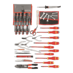 Set of professional mechanic tools including screwdrivers, pliers, scissors, and wrenches with a tool roll, ideal for racewear maintenance and repairs.