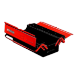 Red and black racing car toolbox with adjustable clamps, designed for motorsport teams and racecar maintenance.