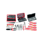 Set of electrician tools including screwdrivers, pliers, wrenches, and a metal toolbox, displayed on a black background.