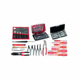 Set of electrician tools including screwdrivers, pliers, wrenches, and a metal toolbox, displayed on a black background.