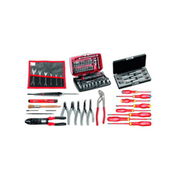 Set of electrician tools including screwdrivers, pliers, wrenches, and a metal toolbox, displayed on a black background.
