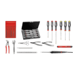 Set of professional screwdrivers, pliers, and tools for racewear maintenance and repairs, with a red toolbox and case.
