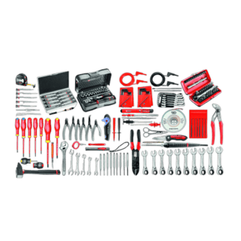 Comprehensive electrician's tool set with screwdrivers, pliers, wrenches, and accessories in a black background, ideal for professional electrical work.