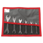 Set of metric and inch open end wrenches in a red and grey tool roll for automotive and mechanical work.