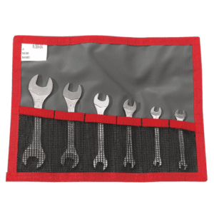 Set of metric and inch open end wrenches in a red and grey tool roll for automotive and mechanical work.