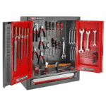 Facom tool storage with a variety of hand tools including screwdrivers, pliers, wrenches, and a hammer, organised in a red and grey tool cabinet.