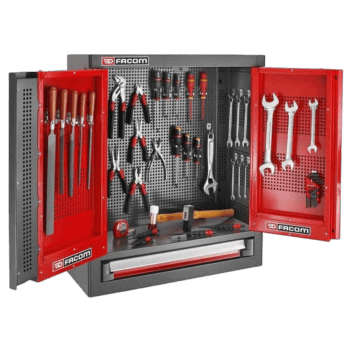 Facom tool storage with a variety of hand tools including screwdrivers, pliers, wrenches, and a hammer, organised in a red and grey tool cabinet.