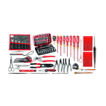 Complete set of electrician tools including screwdrivers, pliers, wrenches, and a toolkit case, ideal for professional electrical work.