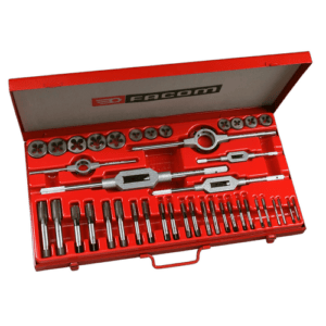 Facom 221 tap and die set in red case with various tools for threading and cutting.