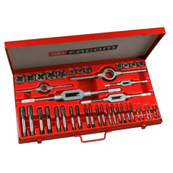 Facom 221 tap and die set in red case with various tools for threading and cutting.