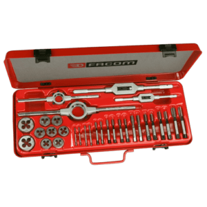 Facom tap and die set 221.227SJ1 in red case with various tools for threading and cutting.