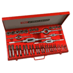 Grand Prix Racewear tap and die set in a red case with various tools and accessories for threading and rethreading.