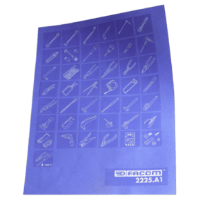 Facom Pictogram plate 2225.A1 showing various tool icons on a blue background for easy identification.