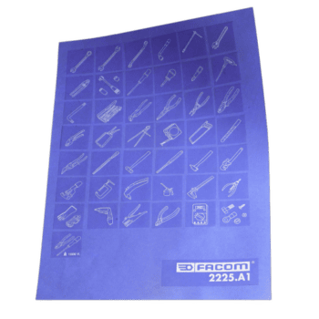 Facom Pictogram plate 2225.A1 showing various tool icons on a blue background for easy identification.