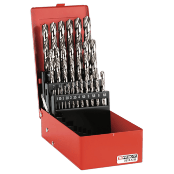 Set of Facom 222A.TJ ground twist drills in a red case, ideal for precision drilling tasks.