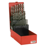 Facom set of 32 ground twist drills in a red storage case with size labels for precision drilling.