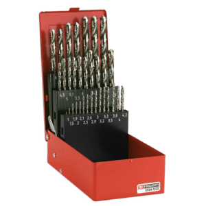 Facom set of 32 ground twist drills in a red storage case with size labels for precision drilling.