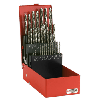 Facom set of 32 ground twist drills in a red storage case with size labels for precision drilling.