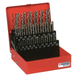 Set of ground twist drills in a red Facom toolbox with sizes ranging from 1.1mm to 6.0mm for precision drilling.