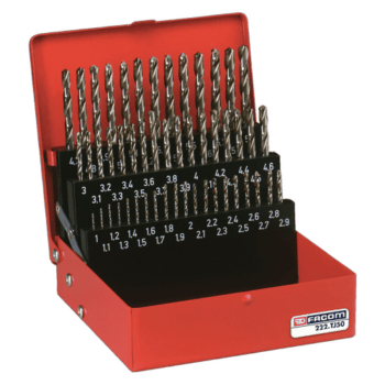 Set of ground twist drills in a red Facom toolbox with sizes ranging from 1.1mm to 6.0mm for precision drilling.