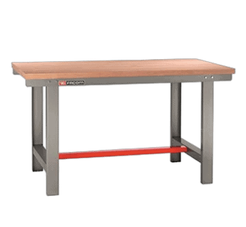 Facom 1.5m workbench with sturdy wooden top and metal frame, ideal for workshop tasks.
