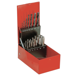 Set of tap and drill-bit sets in a red metal case with labelled sizes for precision drilling tasks.