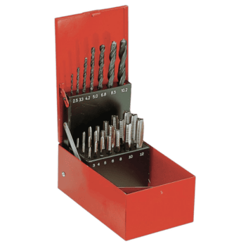 Set of tap and drill-bit sets in a red metal case with labelled sizes for precision drilling tasks.